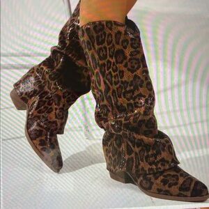 SHEIN Brown & Black Stacked Heel Tall Shaft Leopard Print Women's Boots - NWOT